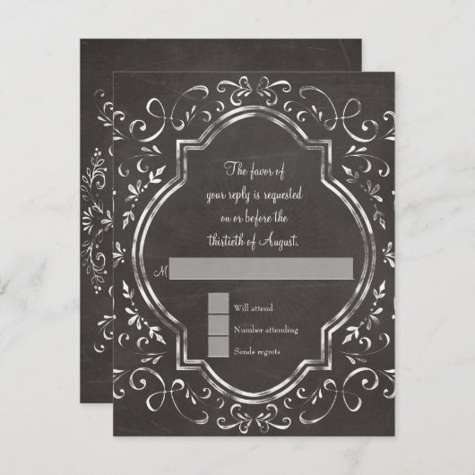 Quatrefoil Lijst Script Swirl Chalkboard RSVP (Voorkant / Achterkant)