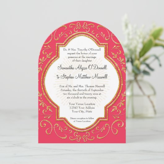 Quatrefoil Lijst Script Swirl Gold Glitter Formele Kaart (Staand voorkant)