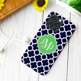 Quatrefoil marineblauw en wit patroon monogram Case-Mate iPhone case