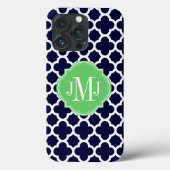 Quatrefoil marineblauw en wit patroon monogram Case-Mate iPhone case (Achterkant)