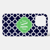Quatrefoil marineblauw en wit patroon monogram Case-Mate iPhone case (Achterkant (horizontaal))