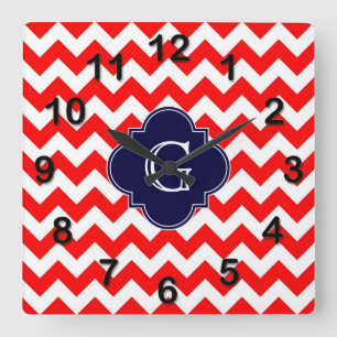 Quatrefoil Monogram Bright Red White Chevron Navy Vierkante Klok