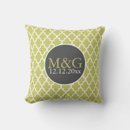 Quatrefoil Monogrammed Bruiloft Groen en Wit Kussen
