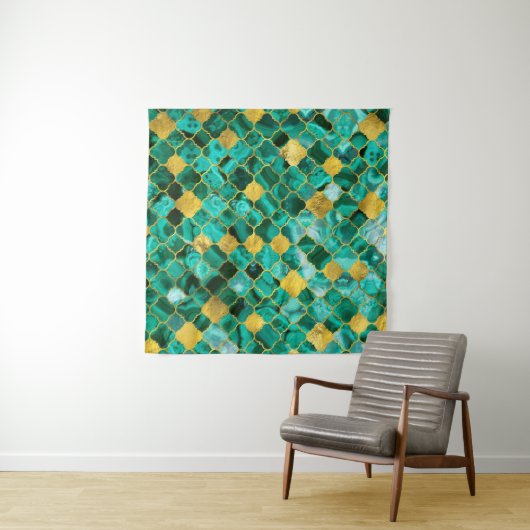 Quatrefoil Moroccan Pattern Malachite and gold Wandkleed (In Situ (horizontaal))