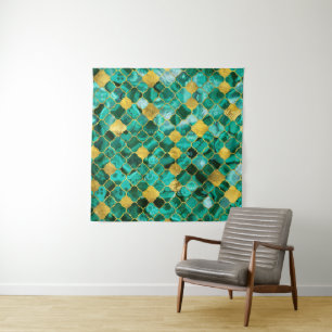 Quatrefoil Moroccan Pattern Malachite and gold Wandkleed