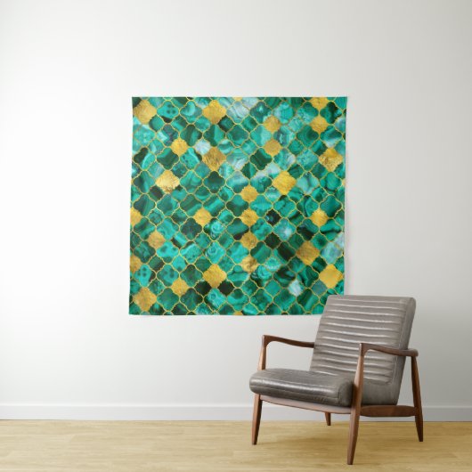 Quatrefoil Moroccan Pattern Malachite and gold Wandkleed (In situ)