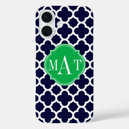 Quatrefoil Navy Blue en Kelly Green Monogram Case-Mate iPhone Case (Achterkant)