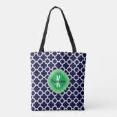 Quatrefoil Navy Blue Green Monogram Naam Tote Bag (Achterkant)