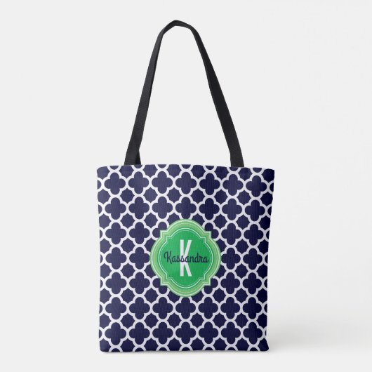 Quatrefoil Navy Blue Green Monogram Naam Tote Bag (Achterkant)