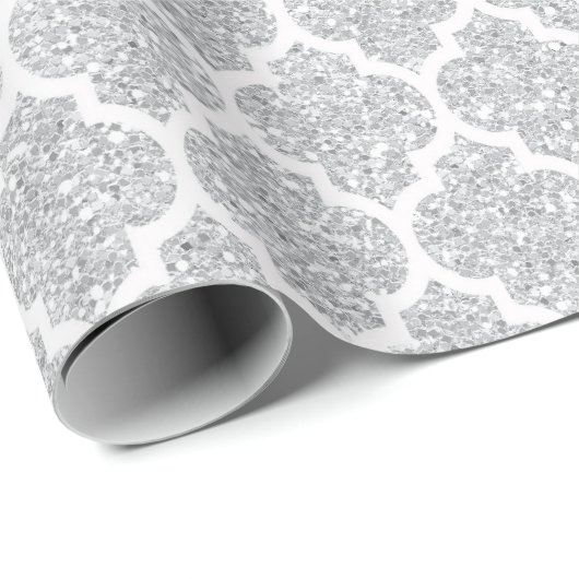 Quatrefoil Net Wit Zilver Art Deco VIP Cadeaupapier (Rol Hoek)