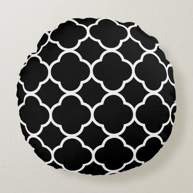 Quatrefoil patronen zwart en wit elegant rond kussen (Voorkant)