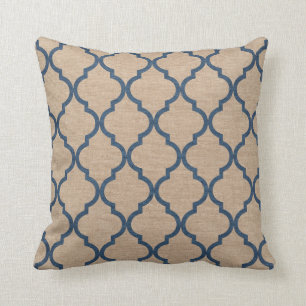 Quatrefoil Patroon Denim Blue en Tan Kussen