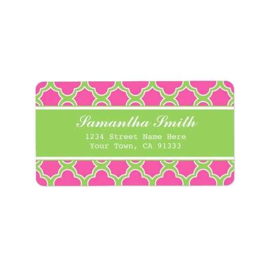 Quatrefoil Patroon Roze en Groen Etiket (Voorkant)
