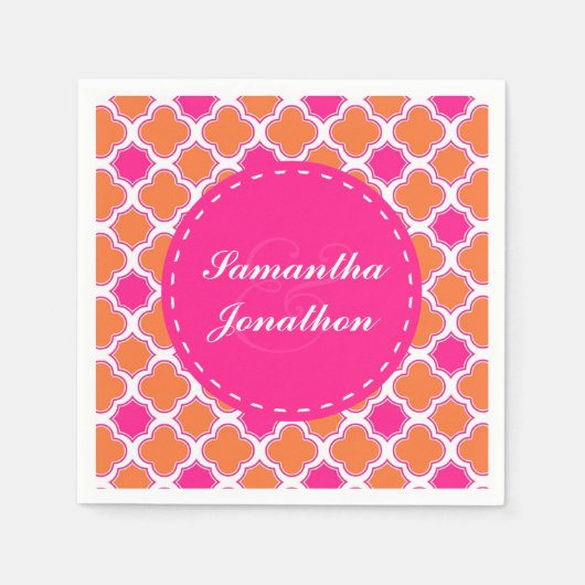 Quatrefoil Patroon Roze en Sinaasappel bruiloft Servet (Voorkant)