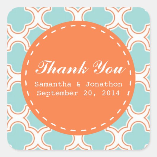 Quatrefoil Pattern Aqua & Oranje bruiloft Dank u Vierkante Sticker (Voorkant)