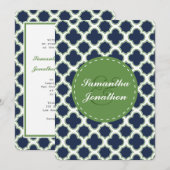 Quatrefoil Pattern Navy Blue & Green Wedding Kaart (Voorkant / Achterkant)