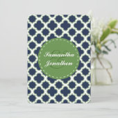 Quatrefoil Pattern Navy Blue & Green Wedding Kaart (Staand voorkant)