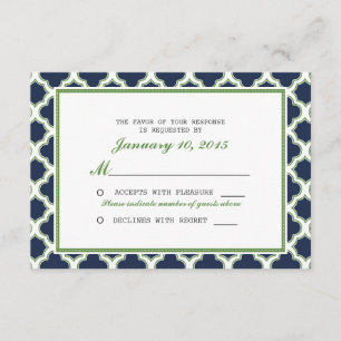 Quatrefoil Pattern Navy Blue & Green Wedding RSVP Kaartje