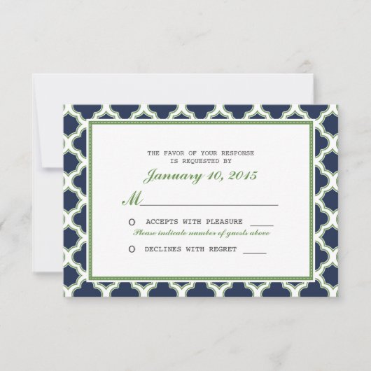 Quatrefoil Pattern Navy Blue & Green Wedding RSVP Kaartje (Voorkant)