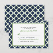 Quatrefoil Pattern Navy Blue & Green Wedding RSVP Kaartje (Voorkant / Achterkant)