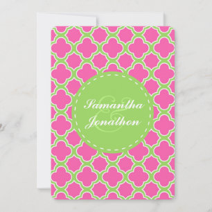 Quatrefoil Pattern Pink and Green Wedding Invite Kaart