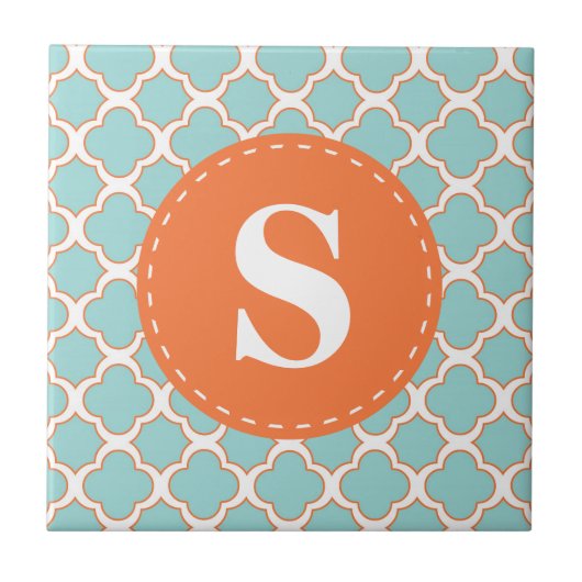 Quatrefoil Pattern Turquoise Oranje met Monogram Tegeltje (Voorkant)