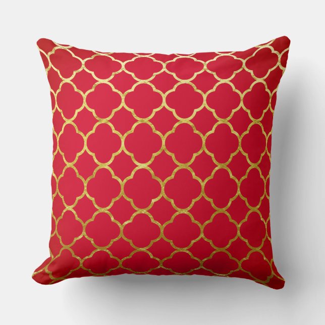 Quatrefoil Red Gold Foil Lattice Patronen Sparkly Kussen (Voorkant)