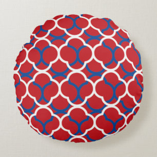 Quatrefoil Rood Blauw Wit Patronen Kerst 2020 Rond Kussen
