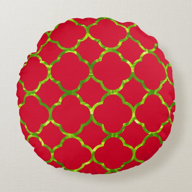 Quatrefoil Rood Groen Neon Kleur Sparkly Kerstmis Rond Kussen (Voorkant)