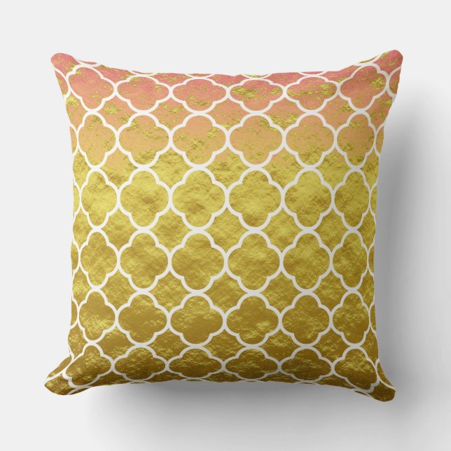 Quatrefoil Roos Gold Ombre Folie Lattice Sparkly Kussen (Voorkant)