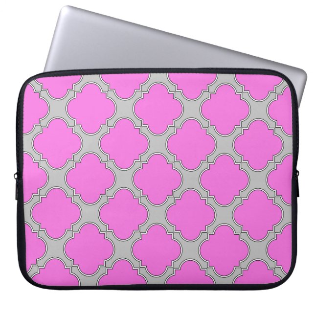 Quatrefoil roze en grijs laptop sleeve (Voorkant)