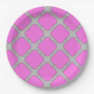 Quatrefoil roze en grijs papieren bordje