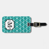 Quatrefoil Shadow Stripes Monogram | blauwgroen Bagagelabel (Voorkant horizontaal)