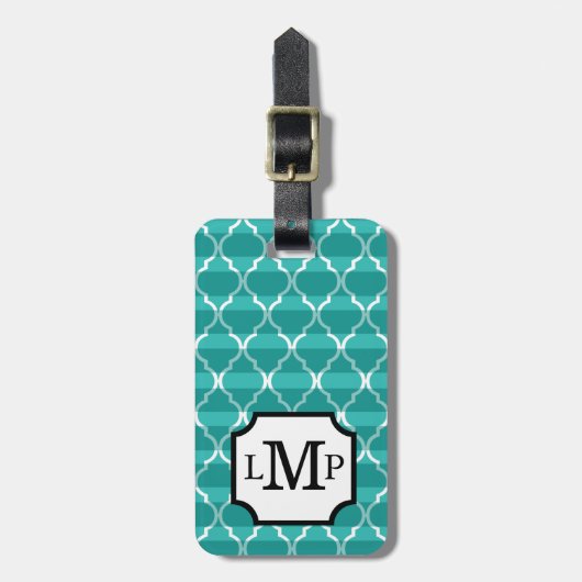 Quatrefoil Shadow Stripes Monogram | blauwgroen Bagagelabel (Voorkant verticaal)