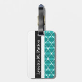 Quatrefoil Shadow Stripes Monogram | blauwgroen Bagagelabel (Achterkant verticaal)