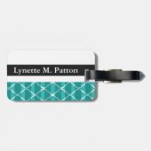 Quatrefoil Shadow Stripes Monogram | blauwgroen Bagagelabel (Achterkant horizontaal)