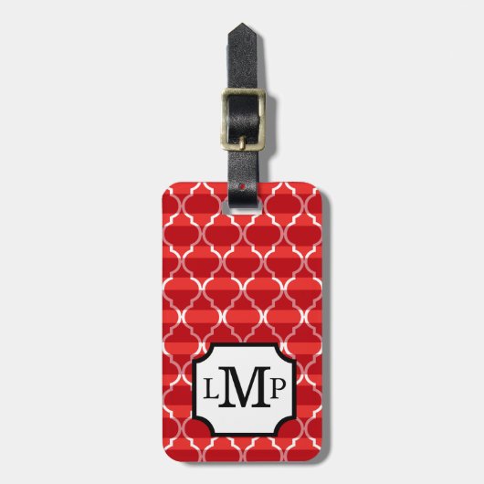 Quatrefoil Shadow Stripes Monogram | rood Bagagelabel (Voorkant verticaal)