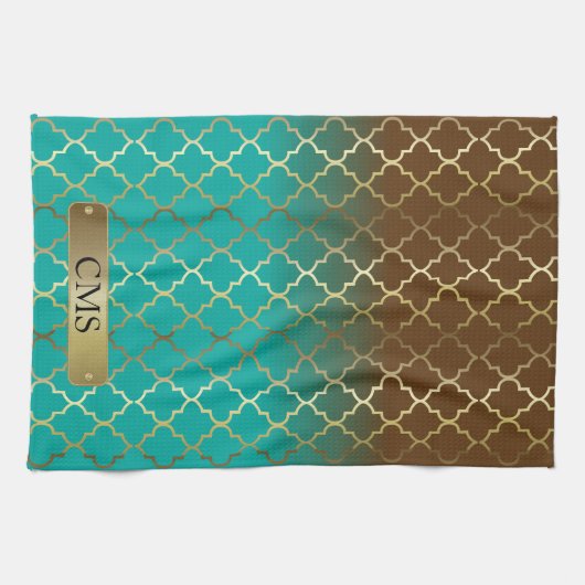 Quatrefoil Turquoise Blue & Brown Color Blends Theedoek (Horizontaal)