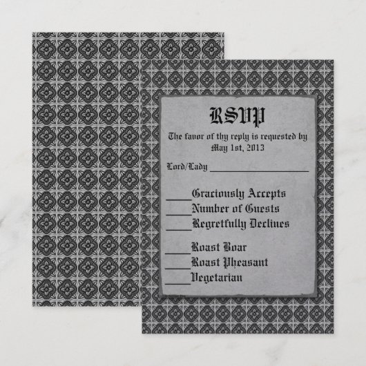 Quatrefolie zwart op zilver RSVP kaartje (Voorkant / Achterkant)