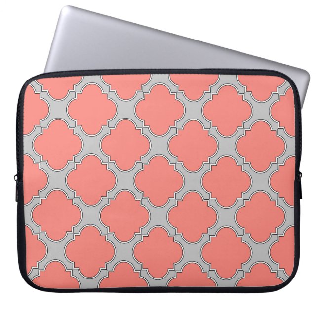 Quatrefoliekoraal en grijs laptop sleeve (Voorkant)