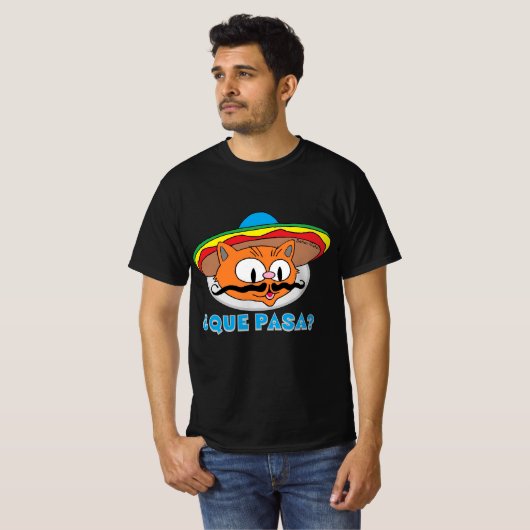 QUE PASA? Cartoon Mustache Cat Señor Gato T-shirt (Voorkant volledig)