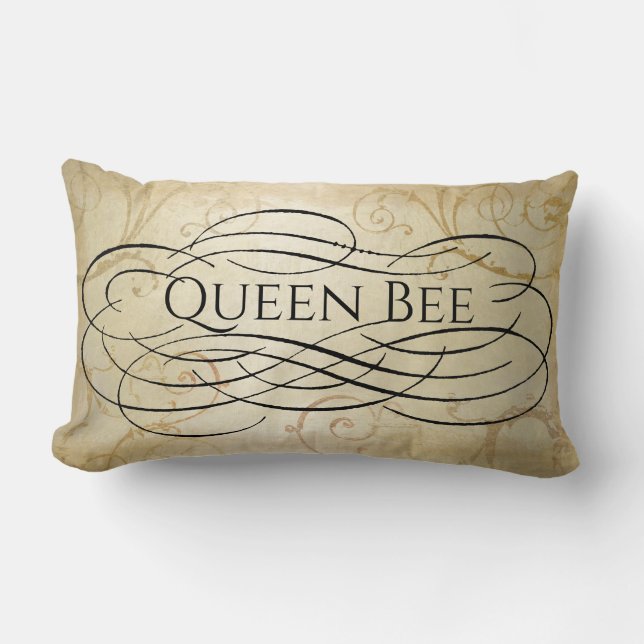 Queen Bee Black Typografie Gold Damask Kussen (Voorkant)