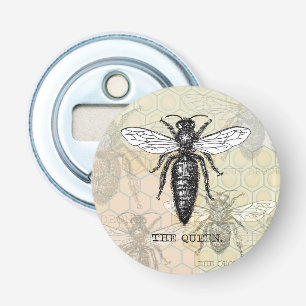 Queen Bee Bug Insect Antiek Illustratie Button Flesopener
