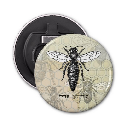 Queen Bee Bug Insect Antiek Illustratie Button Flesopener (Voorkant)