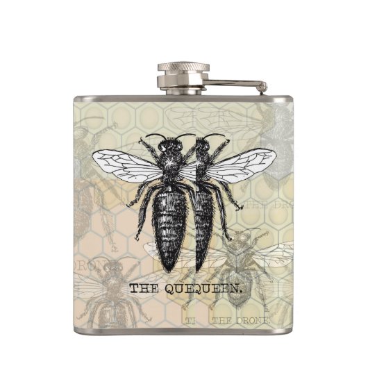 Queen Bee Bug Insect Antiek Illustratie Heupfles (Achterkant)