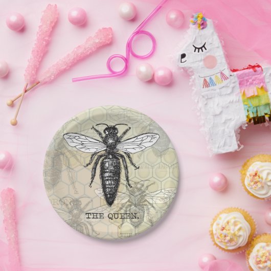 Queen Bee Bug Insect Antiek Illustratie Papieren Bordje (Feest)