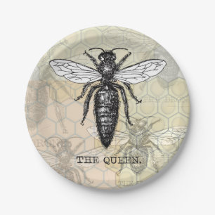 Queen Bee Bug Insect Antiek Illustratie Papieren Bordje