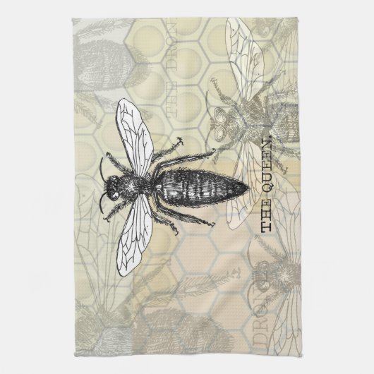 Queen Bee Bug Insect Antiek Illustratie Theedoek (Verticaal)
