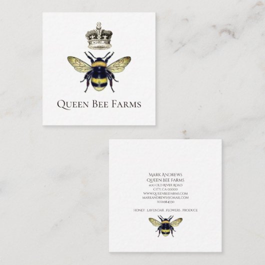 Queen Bee Crown Apiary Imker Boerderij Honing Vierkante Visitekaartje (Voorkant / Achterkant)