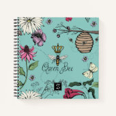 Queen Bee & Crown Turquoise Bloemen Monogram Notitieboek (Voorkant)